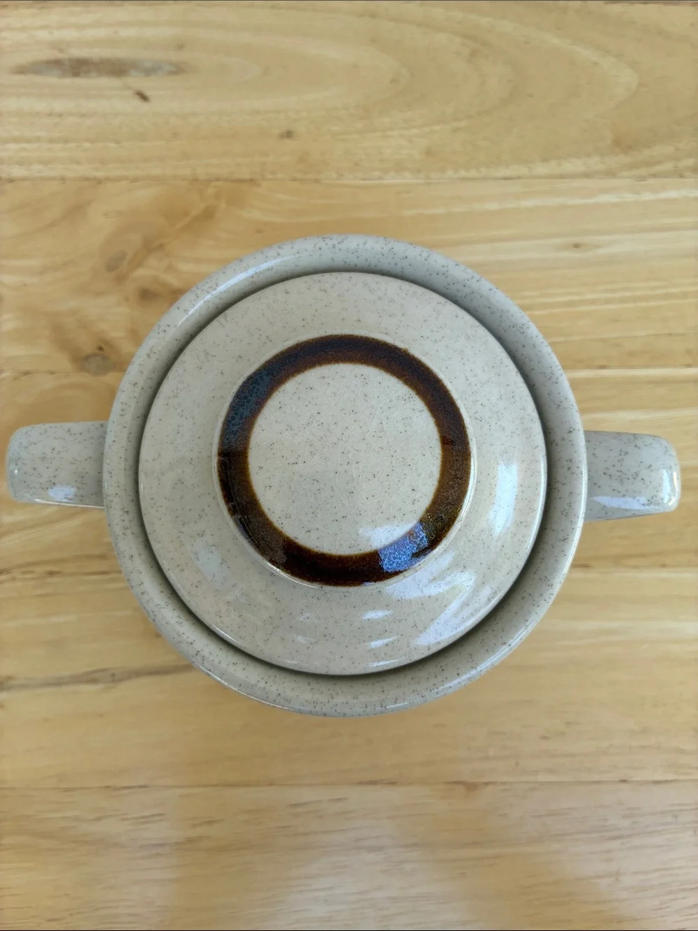 Vintage Stoneware Sugar Bowl speckled cream with Brown 2 handled, made in Japan
